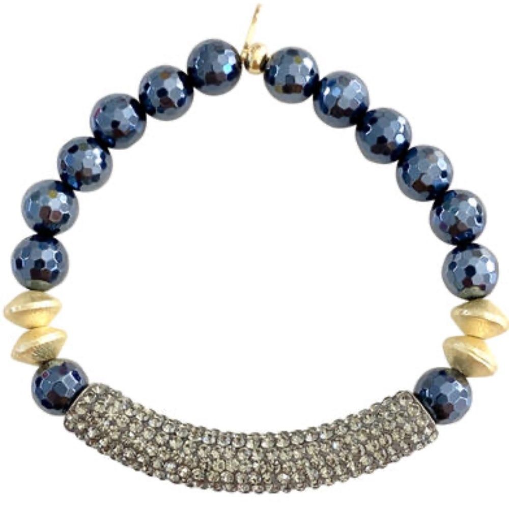 Stretch Bracelet Navy Agate Stone Beads & Gray Rhinestone Crystal Bar NEW